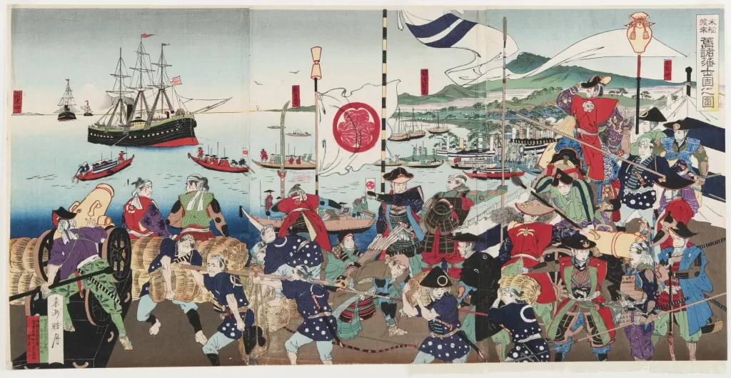 A Japanese illustration of the arrival of the Perry Expedition in Japan. (Source: Rutgers University)