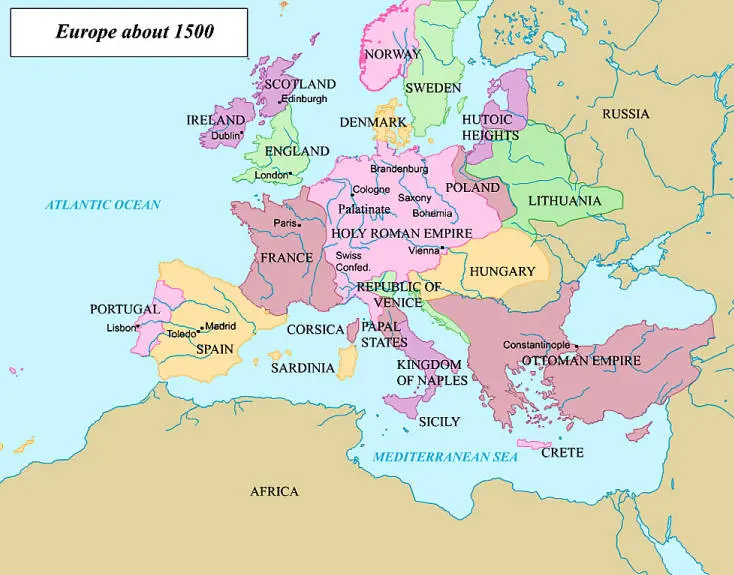 Map of Europe about 1500. Rise of Europe