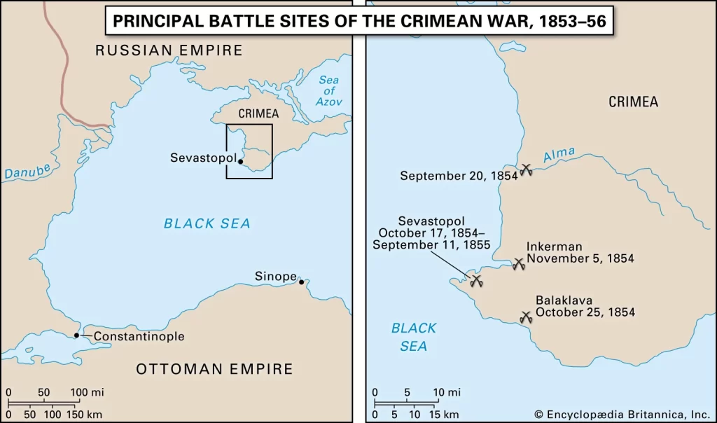 Battle sites and locations during the Crimean War. (Source: Britannica)